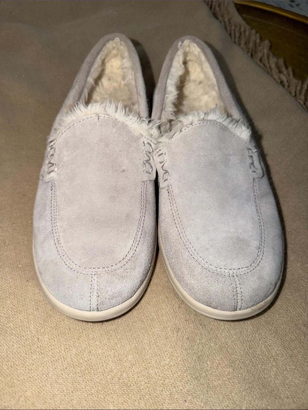 Vionic Light Gray Suede Fur-Lined Slip-On Loafers